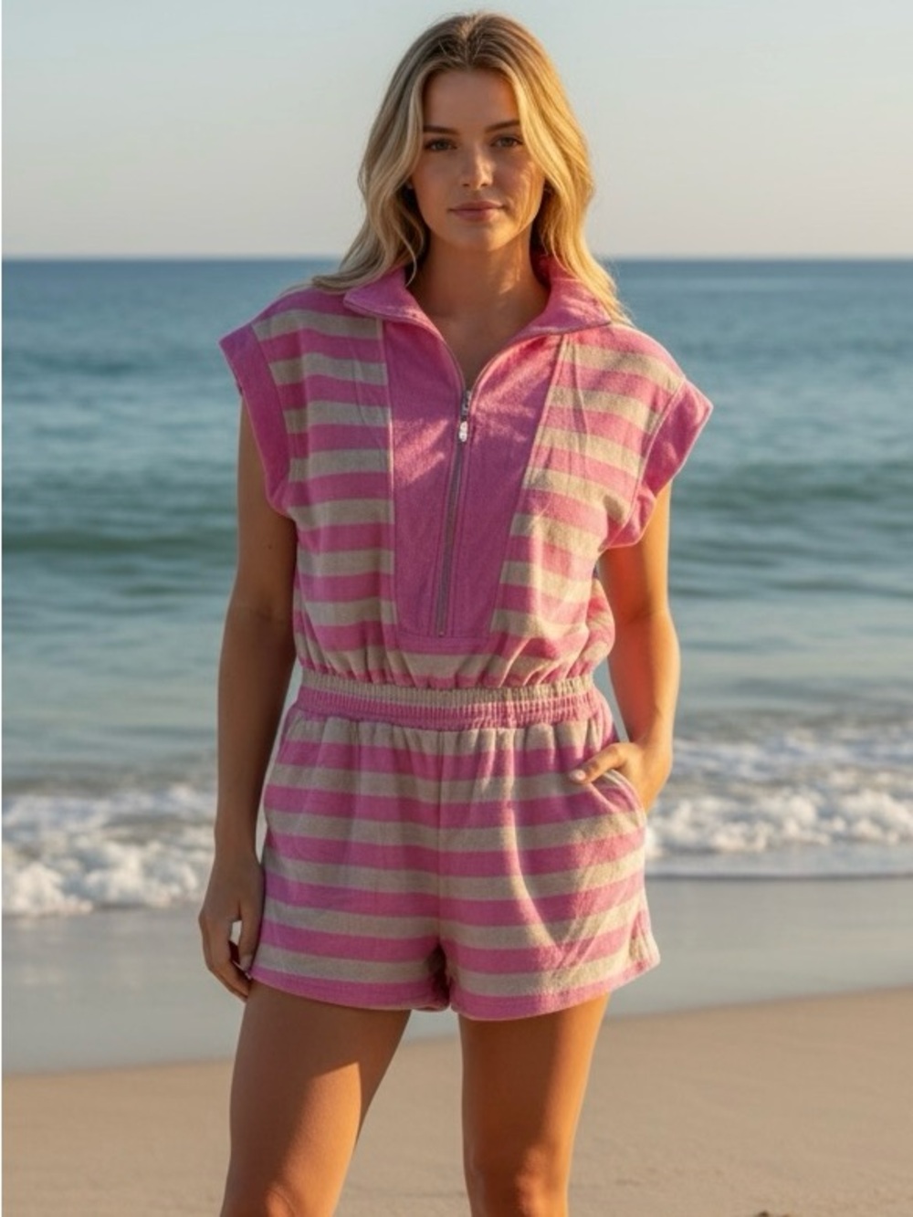 Umgee Pink Stripe Terry Cloth Romper | Half Zip Beachy Lounge One Piece